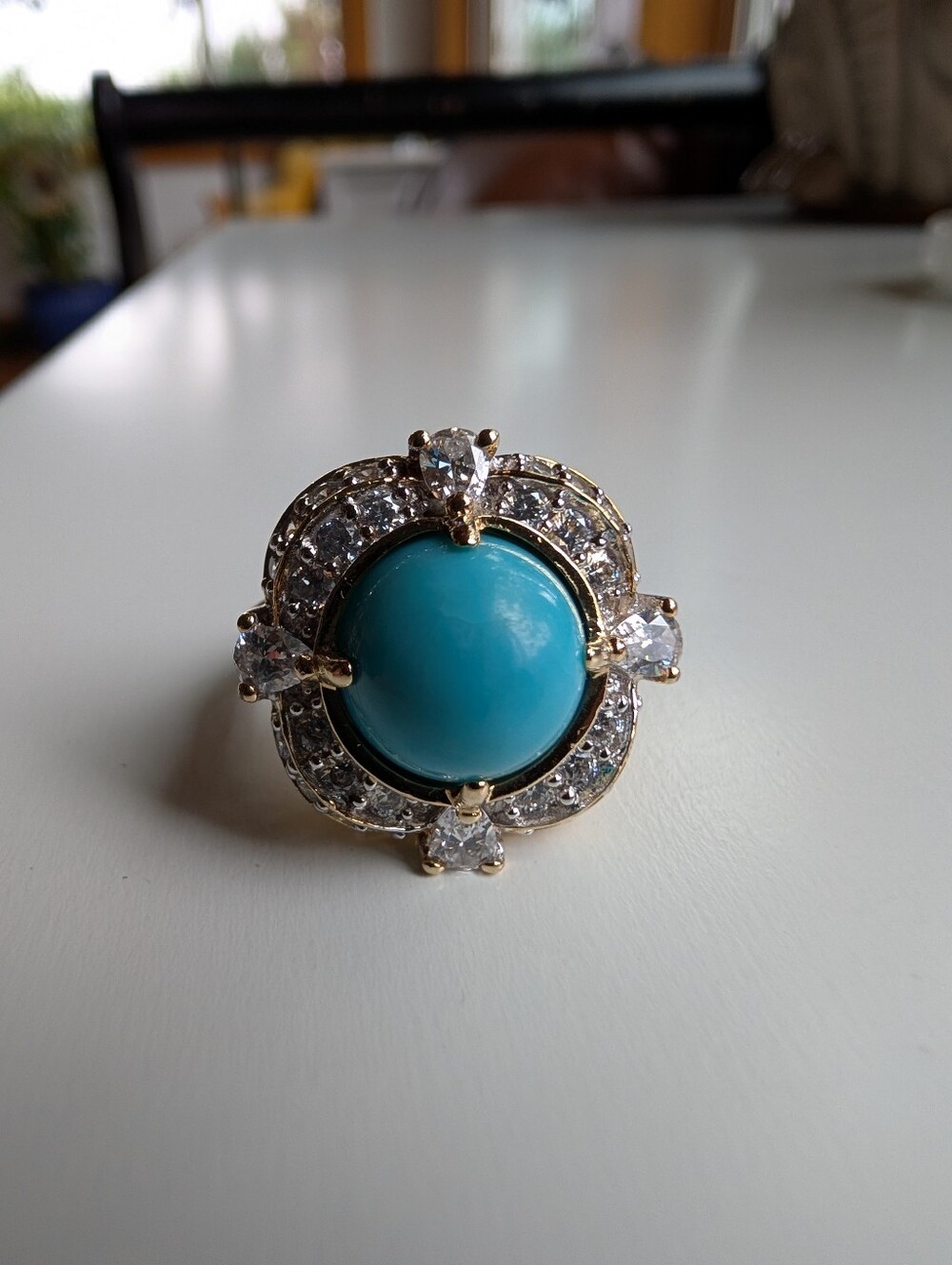 Sleeping Beauty Turquoise Halo 925 Sterling Silver Gold Plated Cocktail Ring, 7 - Picture 3 of 13